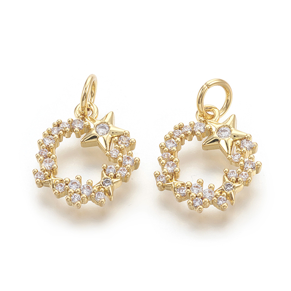 

PandaHall Brass Micro Pave Cubic Zirconia Charms, Lead Free & Cadmium Free & Nickel Free, Ring with Star, Hollow, Real 18K Gold Plated..., Clear