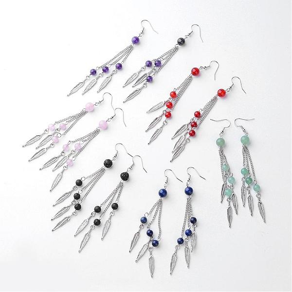 

PandaHall Natural Gemstone Dangle Earrings, Tassels Earrings, with Brass Earring Hooks, Feather, 110mm, Pin: 0.7mm Mixed Stone Multicolor