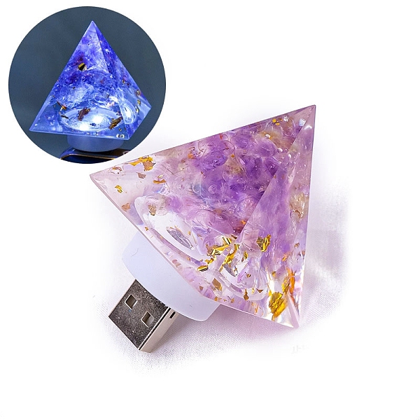

PandaHall Gemstone Resin USB Lamp, Healing Stone Night Light, for Meditation, Yoga Decorations, Pyramid, Lilac, 60x40mm Resin Pyramid Purple