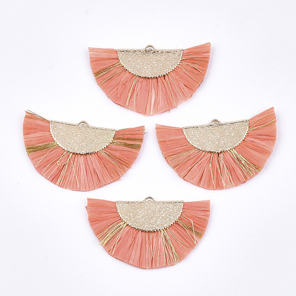 

PandaHall Raffia Tassel Pendants, with Metallic Cords & Brass Findings, Fan Shaped, Golden, Coral, 27x45x3mm, Hole: 1x3mm Raffia Red