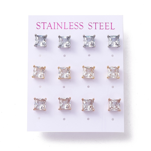 6 Pairs Tiny Cubic Zirconia Square Stud Earrings