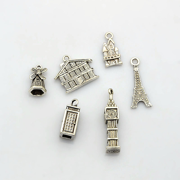 

PandaHall Vintage Alloy Building Pendants, Eiffel Tower, Castle, Telephone Booth, Windmill, Big Ben and House Charms, Lead Free, Antique...