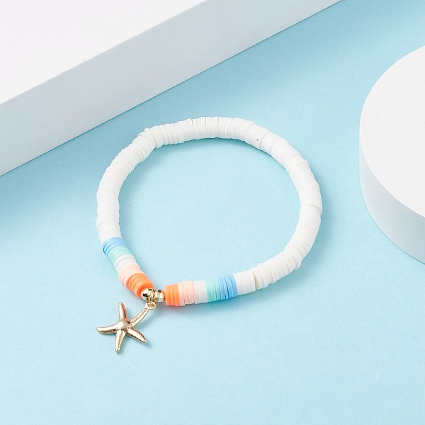 

PandaHall Handmade Polymer Clay Heishi Beads Stretch Bracelet, Starfish 304 Stainless Steel Starfish Charm Bracelet for Women, Golden, White...