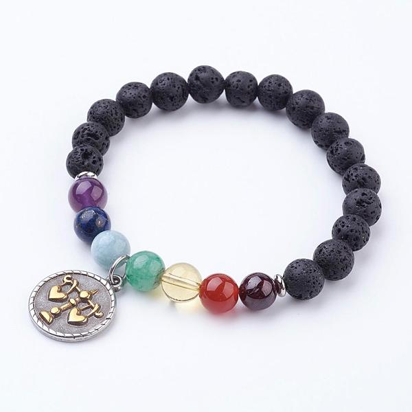 

PandaHall Yoga Chakra, Natural Lava Rock Beads Stretch Bracelets, with Brass Findings and 304 Stainless Steel Charms, Flat Round with..., Multicolor