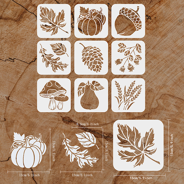 Fingerinspire 9 個秋の植物ステンシルセット 5.9x5.9 インチカエデの葉のステンシル カボチャのステンシル 松ぼっくり ドングリ フルーツ テンプレート 小麦の穂のステンシル キノコの果実 梨の秋の絵画ステンシル