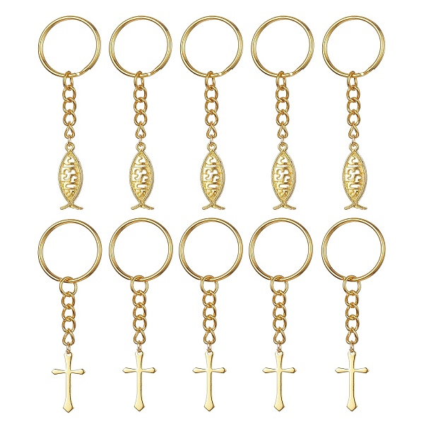 

PandaHall Brass & Tibetan Style Alloy Keychain, with Iron Split Key Rings, Cross/Jesus Fish Charms, Antique Golden, 7.6cm, 10pcs/set Alloy...