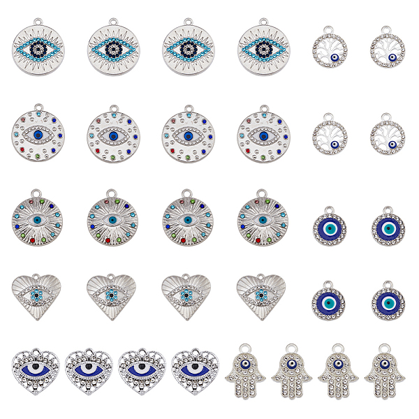 

PandaHall DICOSMETIC 32Pcs 8 Styles Evil Eye Charms Flat Round Eye Charms Rhinestone Hand Charms Evil Eye Tree Charms Alloy Enamel Heart..., Multicolor