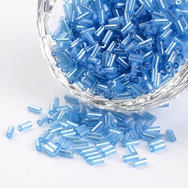

PandaHall Tube Transparent Colours Pearl Luster Plated Round Hole Glass Bugle Beads, Cornflower Blue, 3~5x1.8~2mm, Hole: 0.8mm, about...