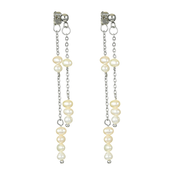 

PandaHall Natural Pearl Beaded Tassel Dangle Stud Earrings, 304 Stainless Steel Front Back Stud Earrings, Stainless Steel Color, 65.5x4mm...