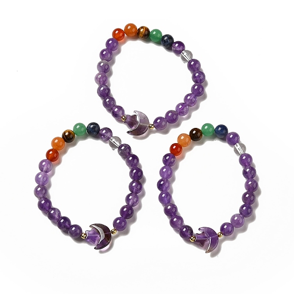 

PandaHall Moon and Star Natural Amethyst & Mixed Gemstone Beaded Bracelets for Women, Inner Diameter: 2 inch(5.2cm) Amethyst