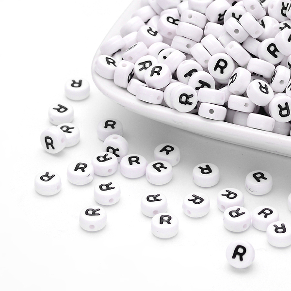 

PandaHall Acrylic Beads, with Horizontal Hole, Letter, Flat Round, Letter.R, 7x4mm, Hole: 1mm, about 146pcs/20g Acrylic Flat Round White