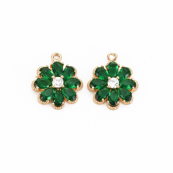 

PandaHall Brass Glass Pendants, Nickel Free, Real 18K Gold Plated, Flower, Dark Green, 16x14x3.5mm, Hole: 1.2mm Brass+Glass Flower