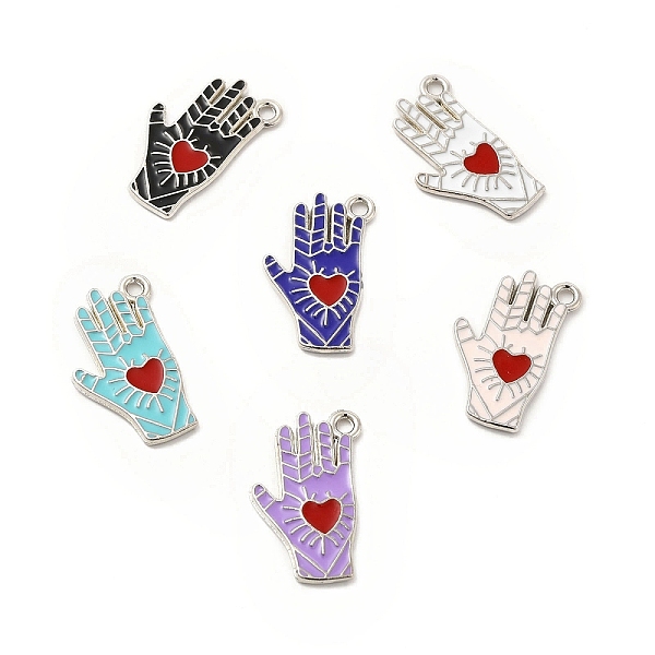 

PandaHall Alloy Enamel Pendants, Hand with Heart Pattern, Platinum, Mixed Color, 21.5x14x1.5mm, Hole: 1.6mm Alloy+Enamel Others Multicolor