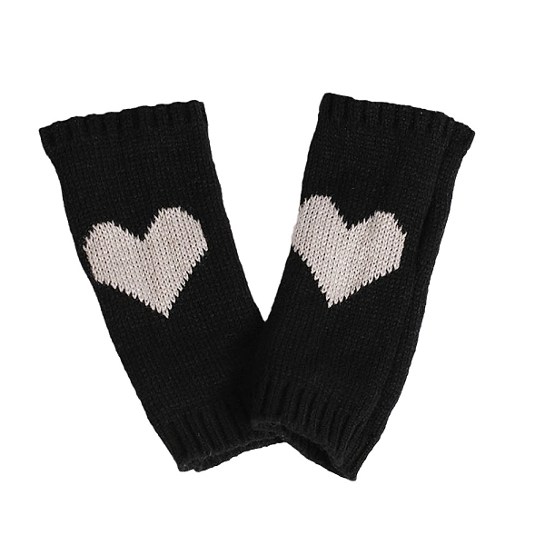 PandaHall Polyacrylonitrile Fiber Yarn Knitting Fingerless Gloves, Two Tone Winter Warm Gloves with Thumb Hole, Heart Pattern, Black & White...
