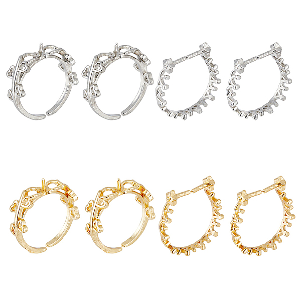 

PandaHall SUPERFINDINGS 8Pcs 4 Style Rack Plating Brass Open Cuff Ring Settings, for Half-drilled Beads, Long-Lasting Plated, Heart Leaf &...