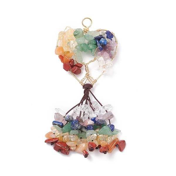 

PandaHall Natural Mixed Stone Chip Big Pendants, with Copper Wire Wrapped and Coconut Brown Braided Nylon Thread, Heart with Tree , Golden...