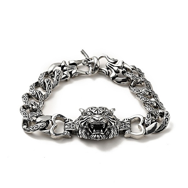

PandaHall Men's Alloy Tiger Head Link Bracelet with Curb Chains, Punk Metal Jewelry, Antique Silver, 8-1/2 inch(21.7cm) Alloy