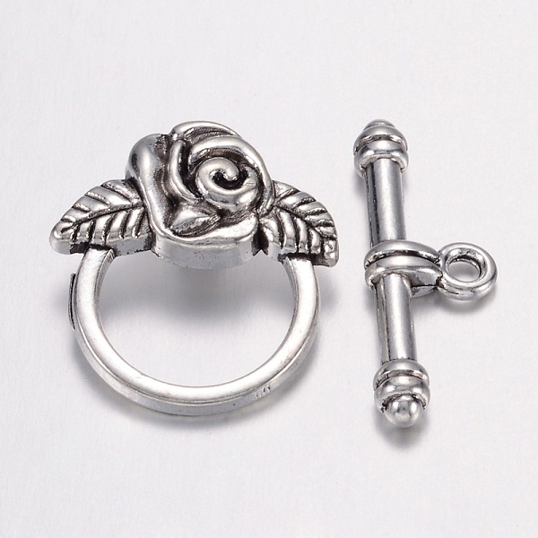 PandaHall Tibetan Style Toggle Clasps, Lead Free and Cadmium Free, Antique Silver, Size: Flower: 18mm wide, 19mm long, Bar: 4mm wide, 24mm...