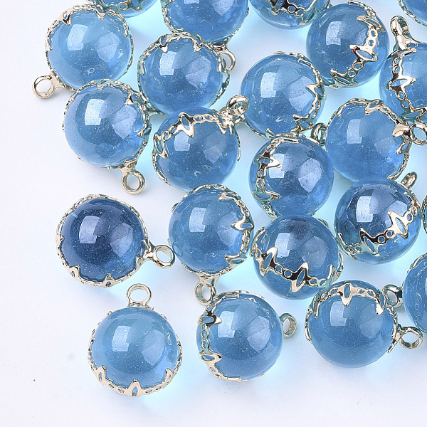 

PandaHall Transparent Glass Pendants, with Brass Findings, Round, Light Gold, Dodger Blue, 17x13x12.5mm, Hole: 2mm Brass+Glass Round Blue