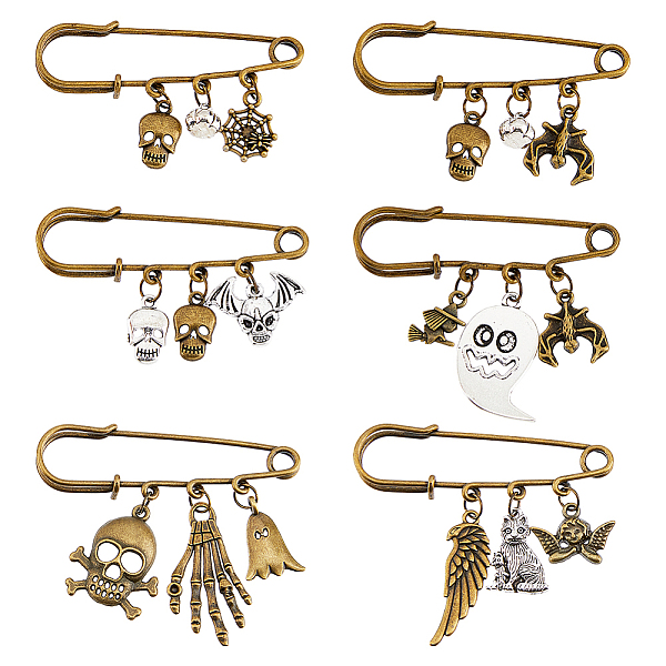 PandaHall 6Pcs 6 Style Skull & Wing & Witch Alloy Charms Safety Pin Brooch, Stainless Steel Lapel Pin for Backpack Clothes, Mixed Color...
