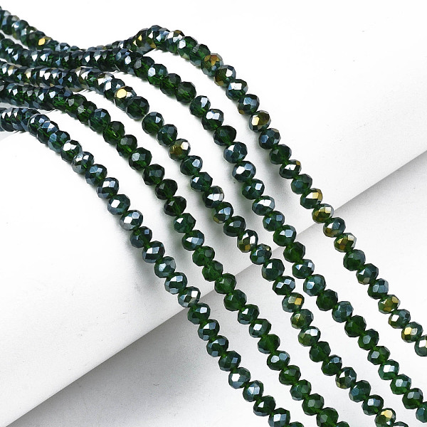 

PandaHall Electroplate Glass Beads Strands, AB Color Plated, Faceted, Rondelle, Dark Green, 4x3mm, Hole: 0.4mm, about 113~115pcs/strand...