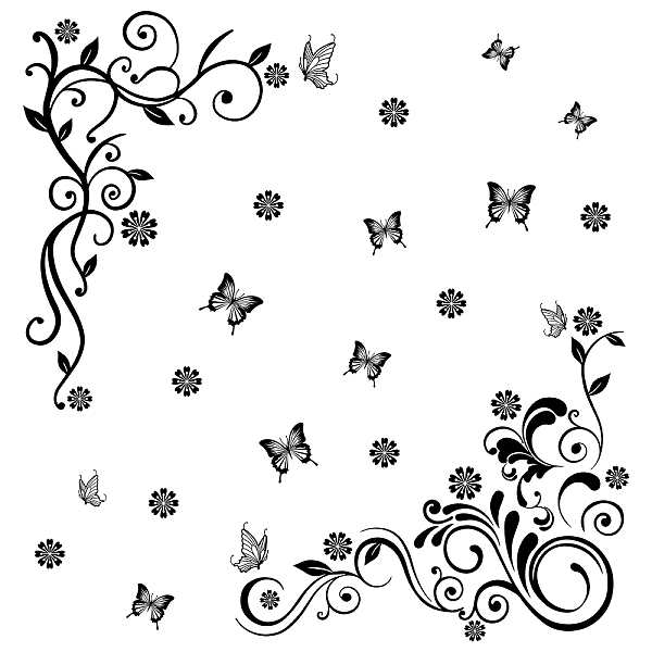 PandaHall SUPERDANT Black 12 Butterfly Wall Decal 21 Flowers Self-adhesive Wall Stickers with 2 Vine Wall Art for Living Room Bedroom...