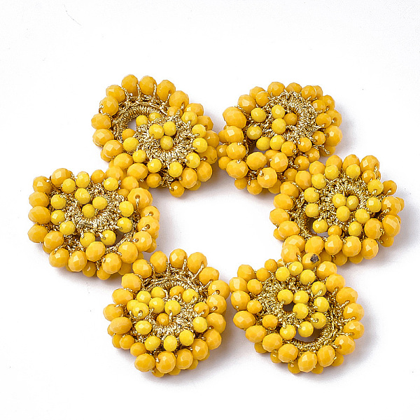 

PandaHall Glass Woven Pendants, Polyester Thread Covered with CCB Plastic Findings, Faceted, Oval, Gold, 38~41x29~33x10~13mm Glass Oval Gold