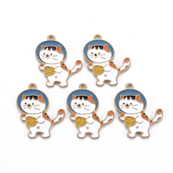 

PandaHall Rack Plating Alloy Enamel Pendants, Cadmium Free & Nickel Free & Lead Free, Cat, Light Gold, White, 28x24x1mm, Hole: 1.8mm...