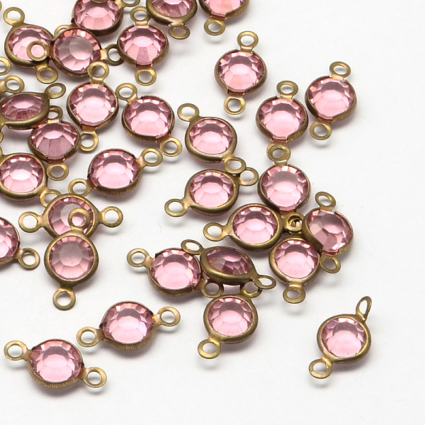

PandaHall Brass Glass Links/Connectors, Faceted Flat Round, Raw(Unplated), Pink, 13x6~7x3mm, Hole: 2mm Glass Flat Round Pink