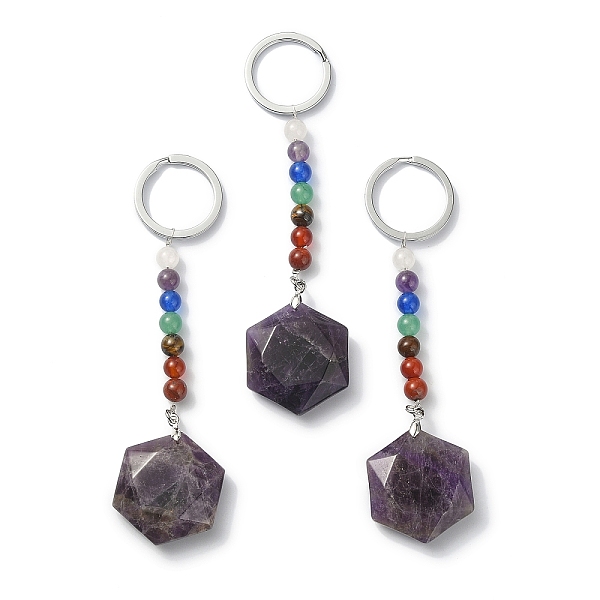

PandaHall Natural Amethyst Hexagon Pendant Keychain, with 7 Chakra Gemstone Beads and Platinum Tone Brass Findings, 11.4cm Amethyst Hexagon