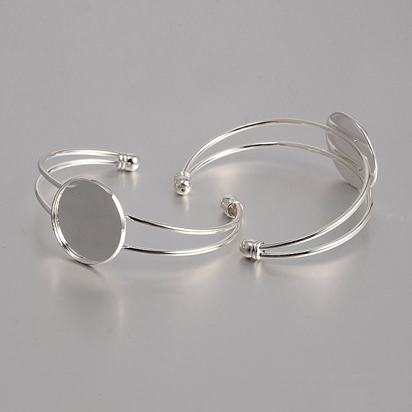 

PandaHall Brass Cuff Bangle Making, Blank Bangle Base, with Flat Round Tray, Silver Color Plated, 60mm, Tray: 25mm Brass