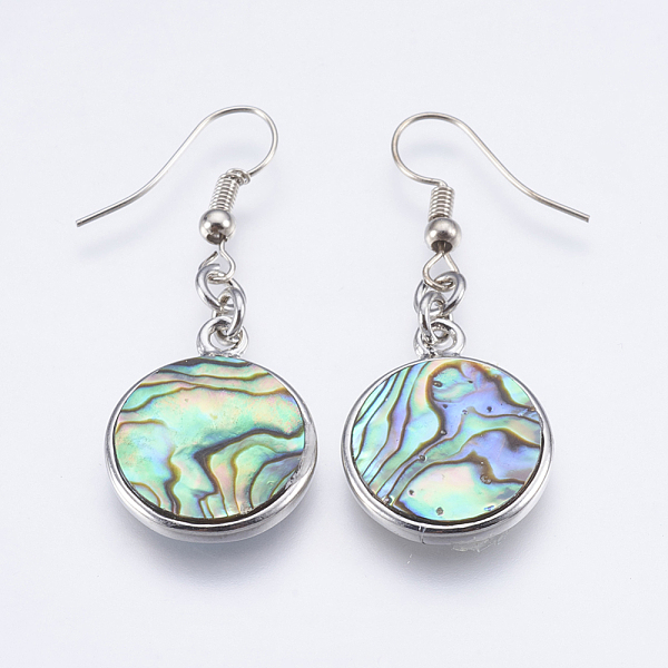 

PandaHall Abalone Shell/Paua Shell Dangle Earrings, with Brass Findings, Flat Round, Platinum, 45mm, Pin: 0.7mm Shell