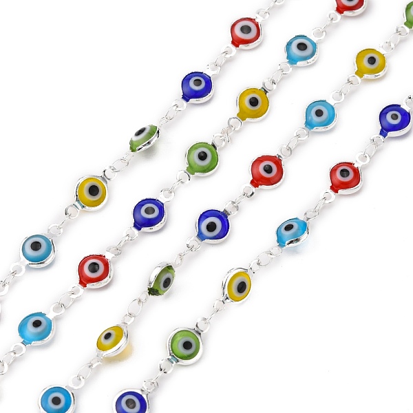 

PandaHall Handmade Flat Round Brass Lampwork Evil Eye Beaded Chains, Unwelded, with Spool, Silver Color Plated, 13x7x2mm, about 16.4 Feet...