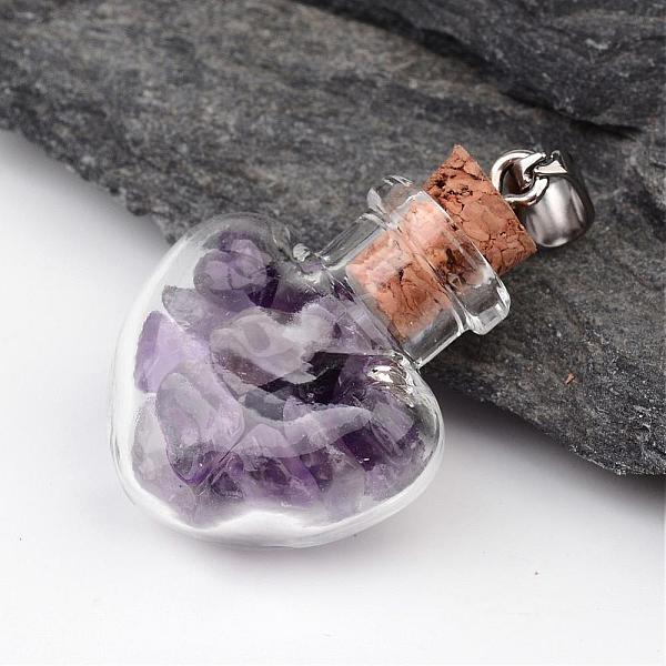 

PandaHall Heart Glass Bottle with Amethyst inside Pendants, with 304 Stainless Steel Findings, 31x22x11mm, Hole: 7x4mm Amethyst Heart