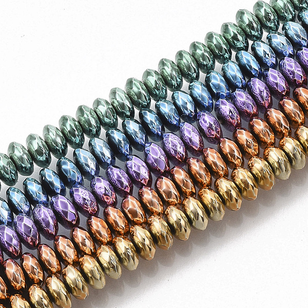 PandaHall Electroplated Non-magnetic Synthetic Hematite Beads Strands, Faceted, Rondelle, Mixed Color, 6x3mm, Hole: 0.5mm, about...