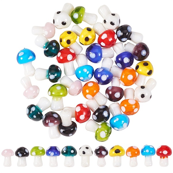 

PandaHall 55Pcs 11 Style Mushroom Handmade Lampwork Beads, Mixed Color, 5pcs/style Lampwork Mushroom Multicolor