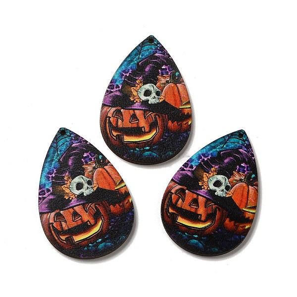 

PandaHall Single Face Printed Wood Big Pendants, Halloween Teardrop Charms, Colorful, 54x36.5x2.6mm, Hole: 2mm Wood Teardrop