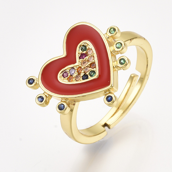 

PandaHall Adjustable Brass Micro Pave Cubic Zirconia Finger Rings, with Enamel, Heart, Red, Size 7, 17mm Brass Red
