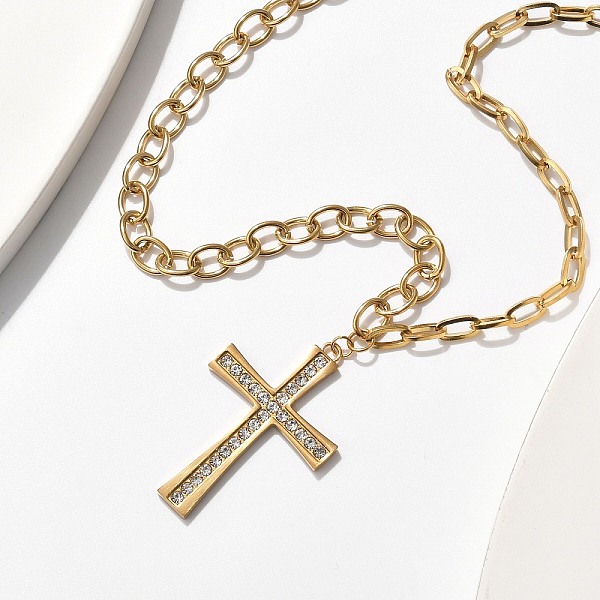 304 Stainless Steel Crystal Rhinestone Cross Pendant Cable Chain Necklaces