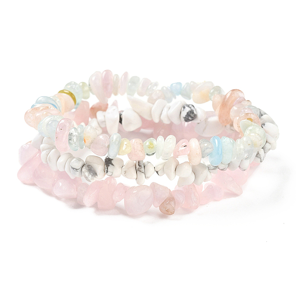 

PandaHall 3Pcs 3 Styles Chips Natural Rose Quartz & Morganite & Howlite Beaded Stretch Bracelets Sets, Stackable Bracelets, Inner Diameter..., Pink