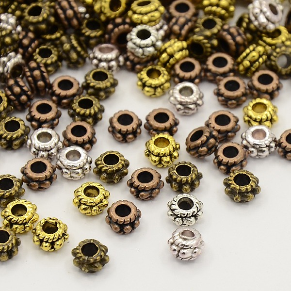

PandaHall Tibetan Style Flower Spacer Beads, Cadmium Free & Lead Free, Mixed Color, 5x3mm, Hole: 2mm, about 1020pcs/200g Alloy Flower