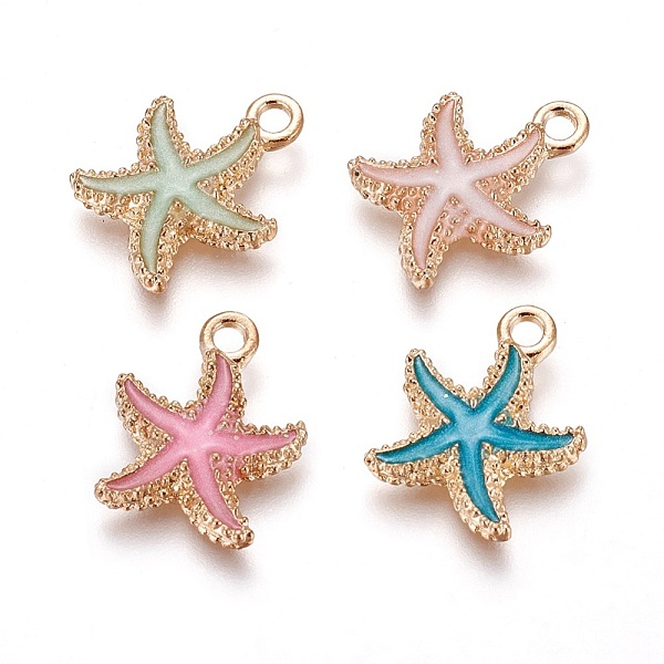 PandaHall Alloy Enamel Pendants, Starfish/Sea Stars, Light Gold, Mixed Color, 18x14.5x3mm, Hole: 1.4mm Alloy+Enamel Starfish Multicolor