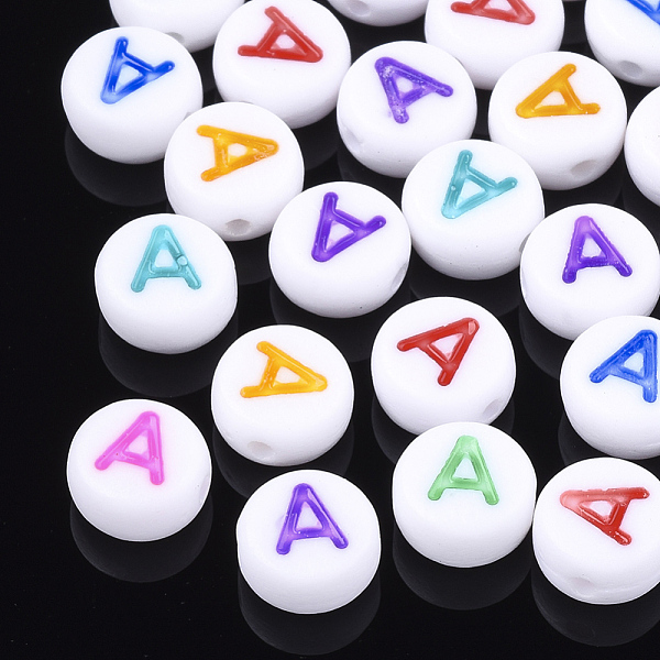 

PandaHall Initial Acrylic Beads, Horizontal Hole, Flat Round, Mixed Color, Letter.A, 7x3.5~4mm, Hole: 1.2mm Acrylic Flat Round Multicolor