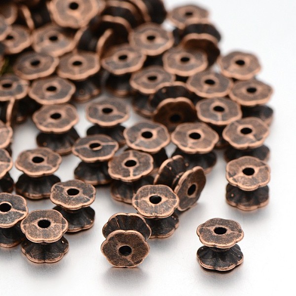 

PandaHall Tibetan Style Double Sided Bead Caps, Lead Free & Cadmium Free & Nickel Free, Red Copper Color, about 5mm long, 7mm wide, hole...