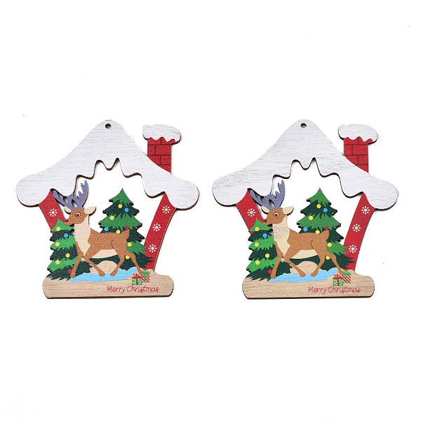 PandaHall Christmas Theme Single-Sided Printed Wood Big Pendants, House with Reindeer/Stag, Colorful, 109x105x2.5mm, Hole: 3mm Wood Building...