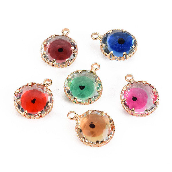 

PandaHall Transparent Glass Pendants, with Brass Prong Settings, Faceted, Flat Round with Evil Eye, Light Gold, Mixed Color, 17x13x6mm, Hole..., Multicolor