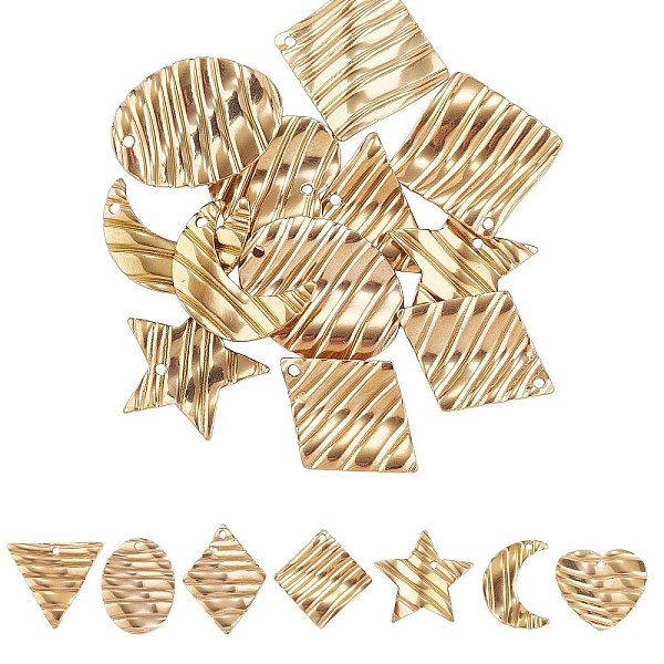 

PandaHall 14Pcs 7 Style 304 Stainless Steel Pendants, Textured, Triangle & Rhombus & Star, Golden, 16.5~22.5x13.5~22.25x2~3mm, Hole...