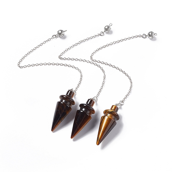 

PandaHall Natural Tiger Eye Pointed Dowsing Pendulums, with Rack Plating Platinum Plated Brass Findings, Cadmium Free & Lead Free, Cone...
