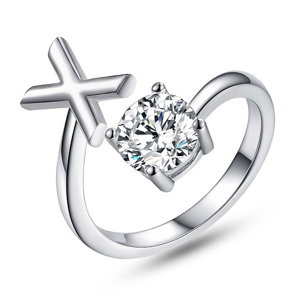 

PandaHall Rhodium Plated 925 Sterling Silver Initial Letter Open Cuff Ring, Clear Cubic Zirconia Ring for Women, Platinum, Letter.X, US Size...
