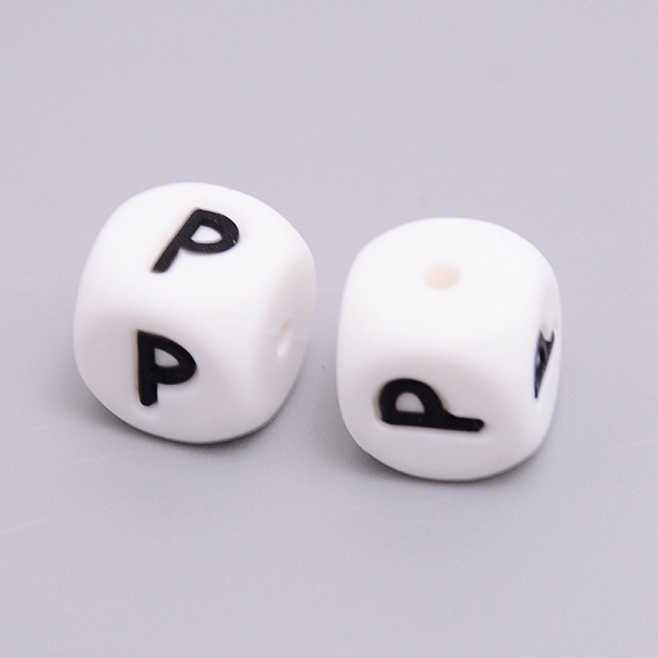 

PandaHall Silicone Beads, Cube with Letter.P, White, 12x12x12mm, Hole: 2mm Silicone Cube White
